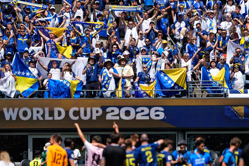 Bosnia fans cheer after 3-1 win over Qatar in their final Group B match (AP)