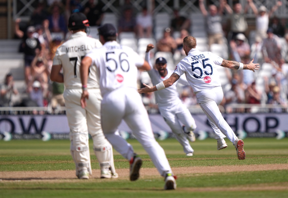England’s Ben Stokes (right) celebrates taking the wicket of New Zealand’s Zak Foulkes immediately after news of his Test retirement reached the Trent Bridge crowd (Joe Giddens/PA). (PA Wire)