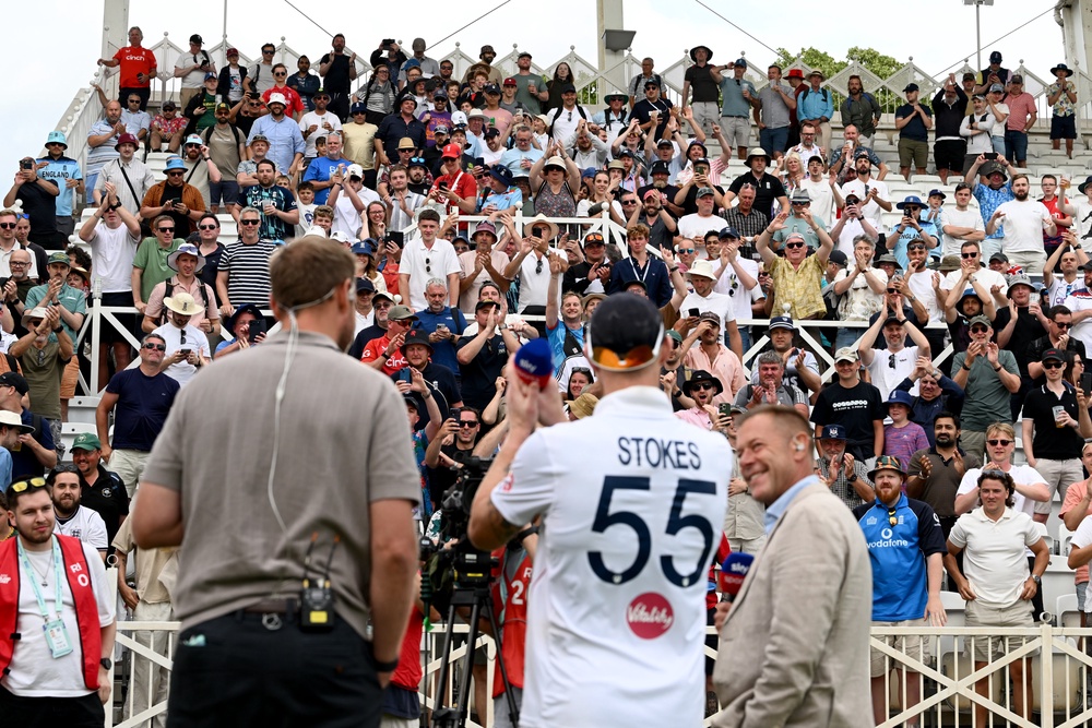 Stokes was seranaded but the England fans as he gave his interview to Sky Sports (Getty)