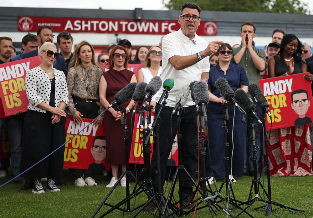 Andy Burnham at Ashton Town FC in his new constituency (AFP/Getty)