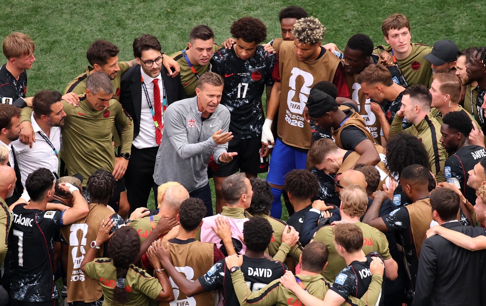 Jesse Marsch spoke to his players on the pitch after Canada's win over South Africa (Getty)
