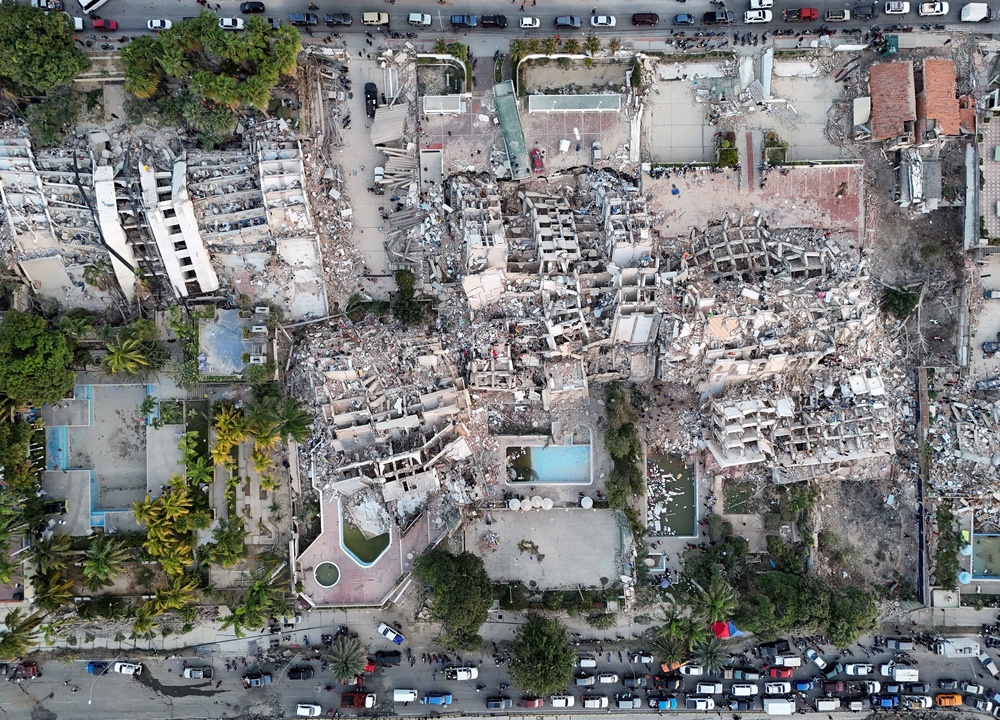 A drone view shows buildings destroyed by earthquakes, in La Guaira, Venezuela (Reuters)