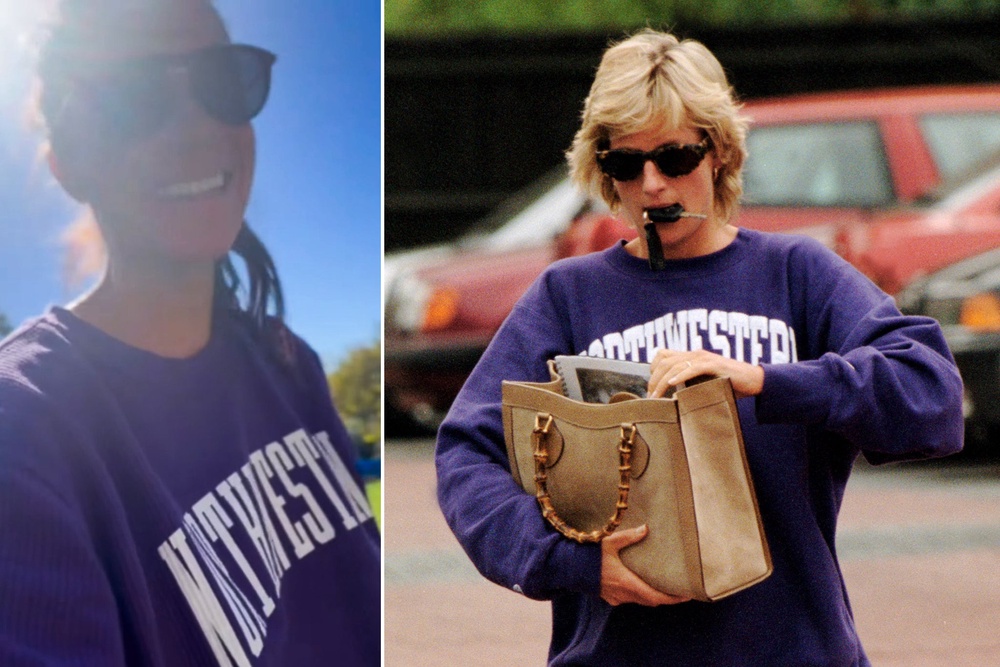 Meghan wearing a purple Northwestern University crewneck in 2025 was a direct recreation of a famous 1996 casual look worn by Diana (Shutterstock)