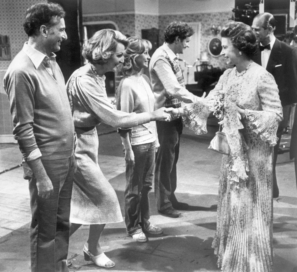In 1978, Queen Elizabeth II and the Duke of Edinburgh meet the cast of The Good Life at the BBC TV studios in Shepherd’s Bush, from left Paul Eddington, Penelope Keith, Felicity Kendal and Richard Briers (PA) (PA Archive)