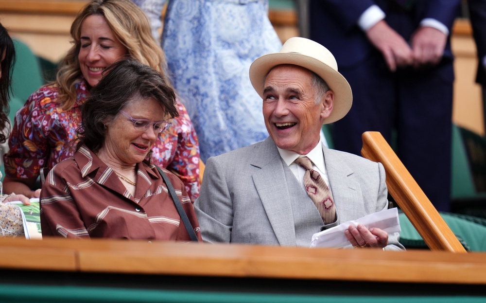 Mark Rylance with Lisa Barnard in the royal box on day one of the 2026 Wimbledon Championships at the All England Lawn Tennis and Croquet Club, London (PA)