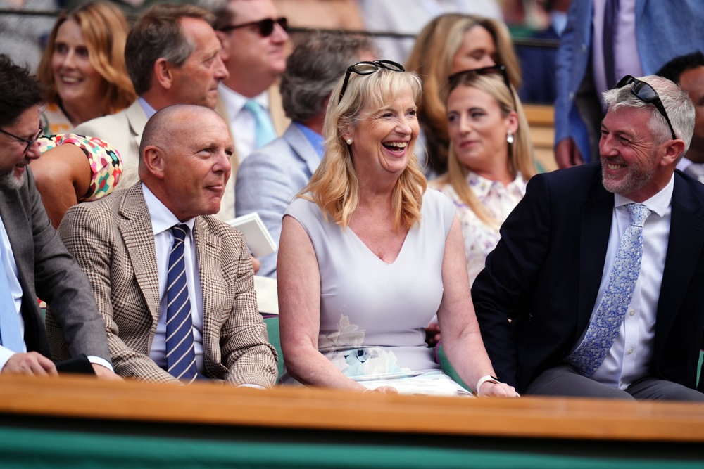 Carol Kirkwood (centre) in the royal box on day one of the 2026 Wimbledon Championships at the All England Lawn Tennis and Croquet Club, London. (PA)