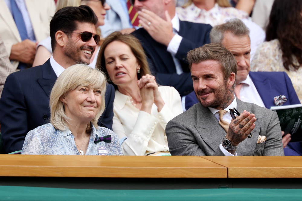 Familiar Wimbledon face David Beckham and his mother Sandra at day one of Wimbledon (Getty)