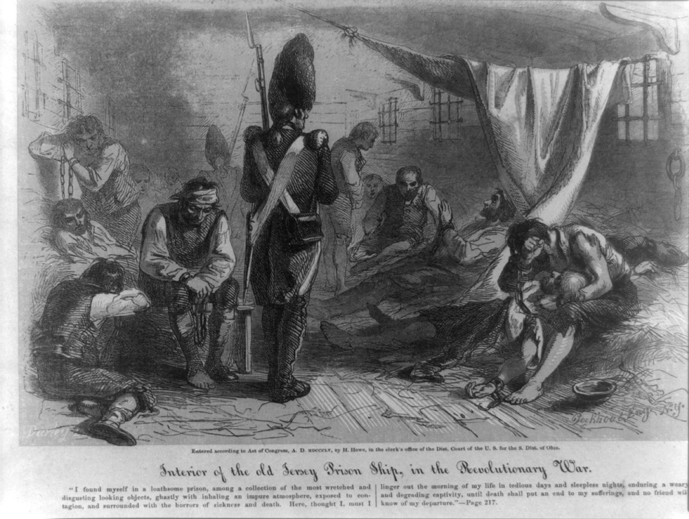 Inside a British prison ship. At least 12,000 American prisoners of war died, while incarcerated in such vessels (Wikimedia Commons)