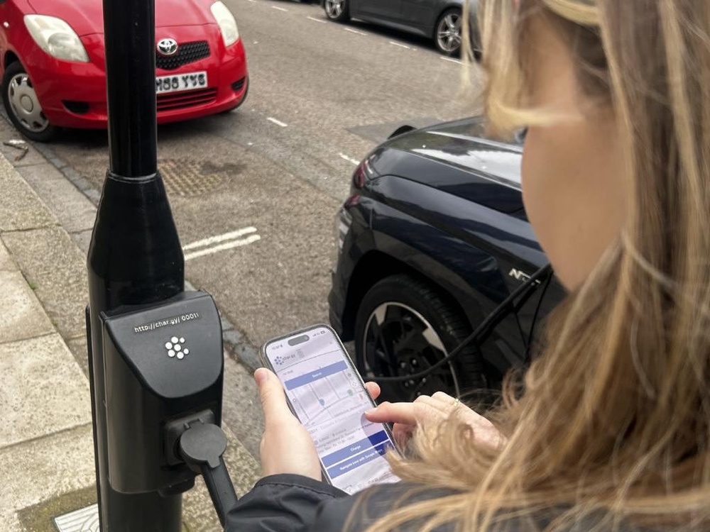 Lauren lives in a flat and uses a lamp post charger to charge up her Hyundai Kona EV (char.gy)