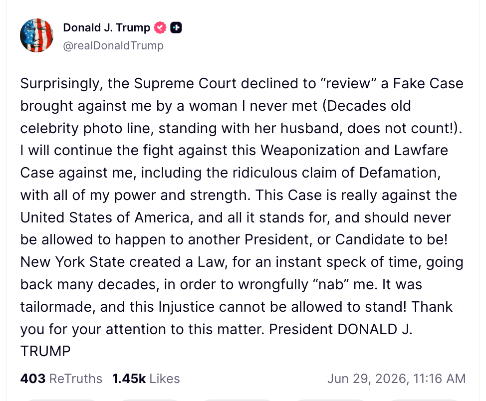 President Trump again insisted he had never met E Jean Carroll while insisting he would continue fighting the multi-million-dollar verdicts in the sexual abuse and defamation case (realDonaldTrump / Truth Social)