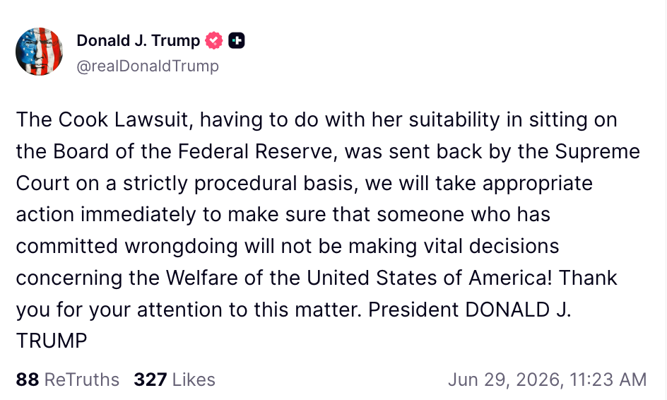 President Trump said he plans to continue fighting to have Federal Reserve Governor Lisa Cook removed (realDonaldTrump / Truth Social)