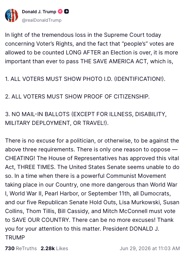 Trump lashed out on Truth Social after the Supreme Court's ruling (Truth Social)