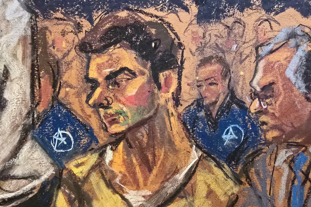 A courtroom sketch shows Luigi Mangione sitting with his defense attorney during his federal court hearing in New York City on June 29, 2026 (REUTERS)