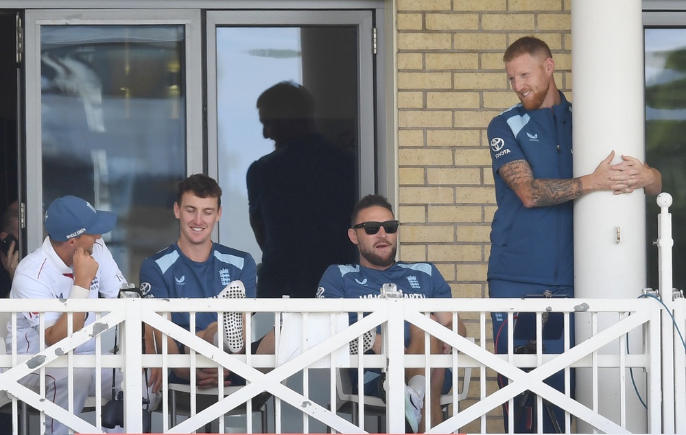 Ben Stokes, Brendon McCullum, Harry Brook and Joe Root of England on the dressing room balcony (Getty)