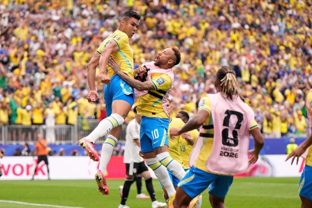 Casemiro reacts after equalising against Japan (AP)