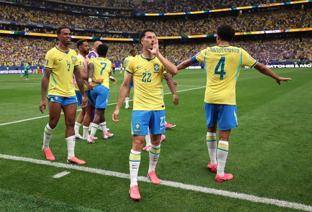 Gabriel Martinelli of Brazil celebrates with teammates after scoring (Getty)