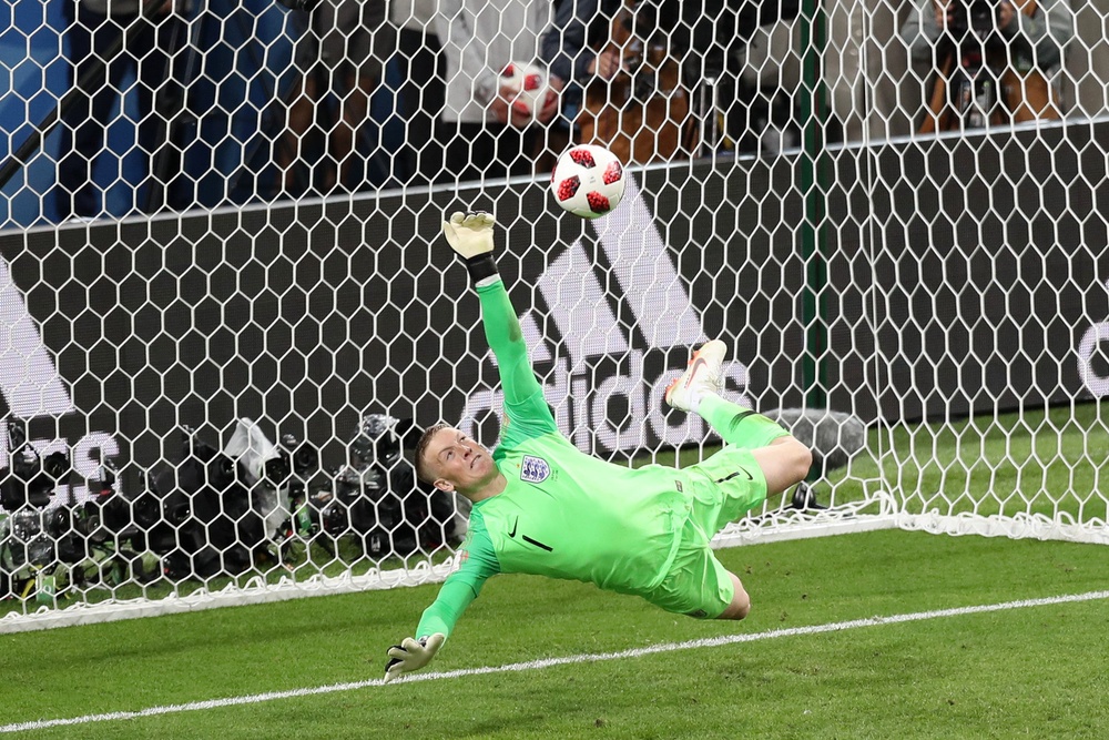 Jordan Pickford's penalty save led England to a first-ever World Cup shootout victory over Colombia in 2018 (Getty)