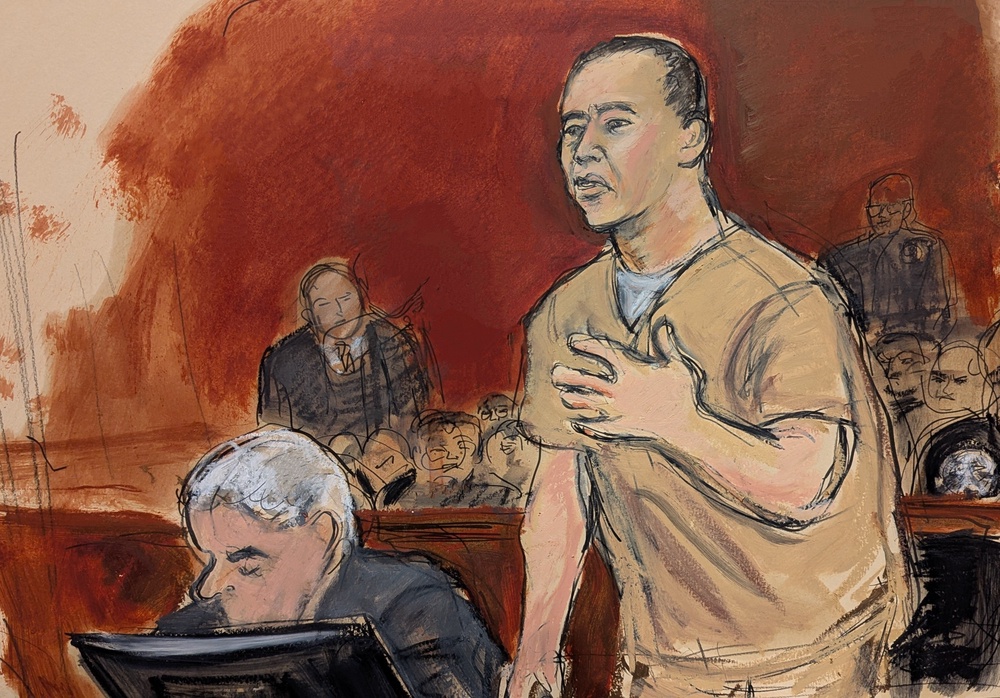 In this courtroom sketch, Guo Wengui, Chinese business tycoon, makes his sentencing statement at Manhattan federal court in New York, Monday, 29 June 2026 (AP)