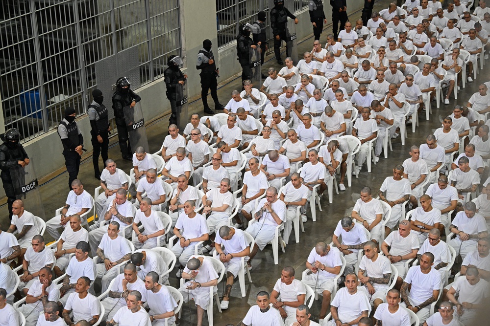 Alleged members of the Mara Salvatrucha (MS-13) gang attend a remote court hearing by videoconference at the Terrorism Confinement Center (CECOT) in Tecoluca, El Salvador on April 23, 2026 (AFP/Getty)