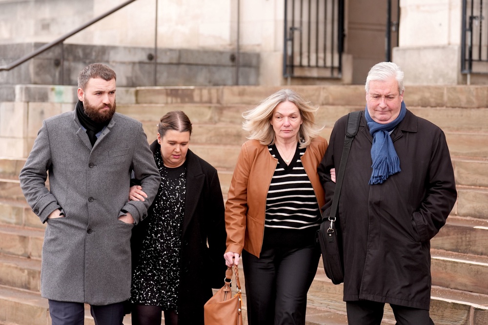 Maddy Cusack’s brother Richard with his partner Emily Baker, and her parents Deborah and David Cusack, outside Chesterfield Coroners’ Court in January (Joe Giddens/PA) (PA Archive)