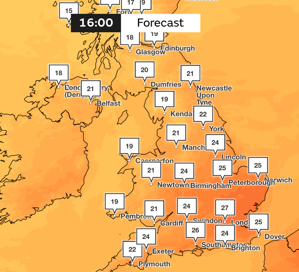 Temperature forecast for Saturday (Met Office)