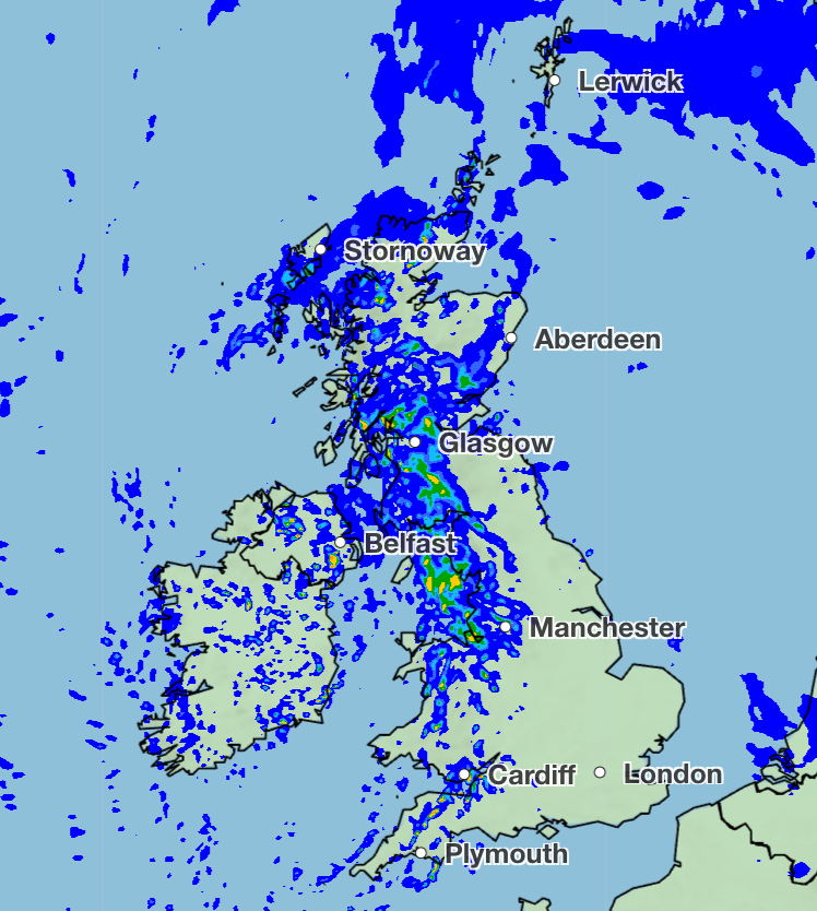 Heavy rain and thunderstorms have been forecast for Northern Ireland and parts of Scotland on Tuesday (Met Office)