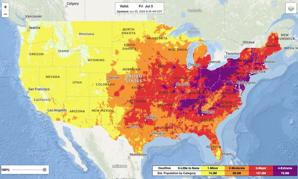 The heat forecast across the U.S. on Friday July 3, with the worst-affected areas in purple and the least-affected areas in yellow (NWS)