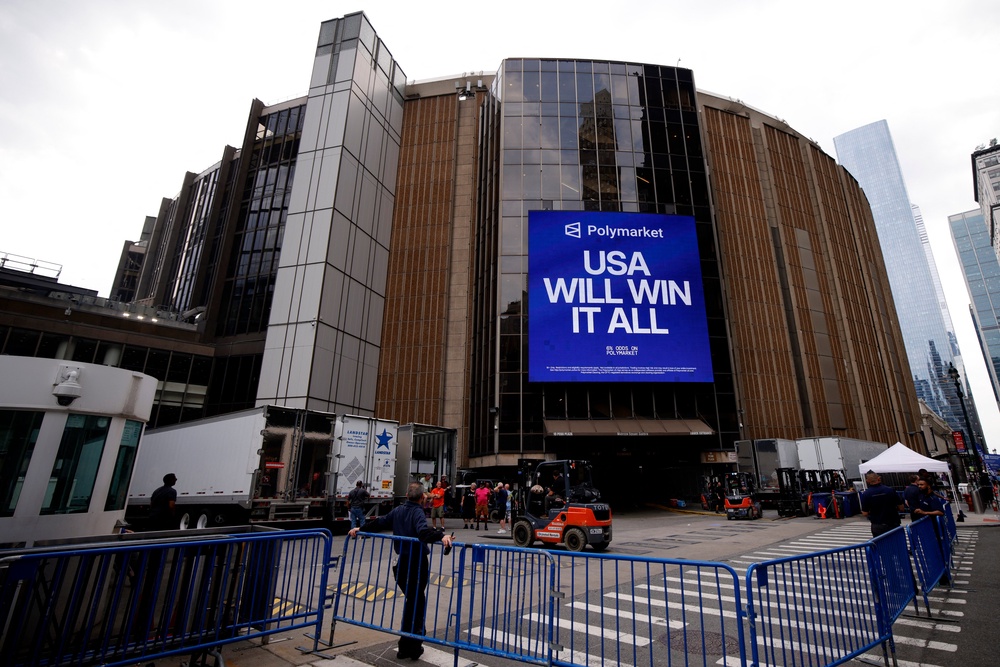 Forklifts and trucks are seen outside Madison Square Garden in New York on June 30 as increasing signs point to a mega-bash for the A-list celebrity couple Taylor Swift and Travis Kelce at Madison Square Garden later this week. (AFP/Getty)