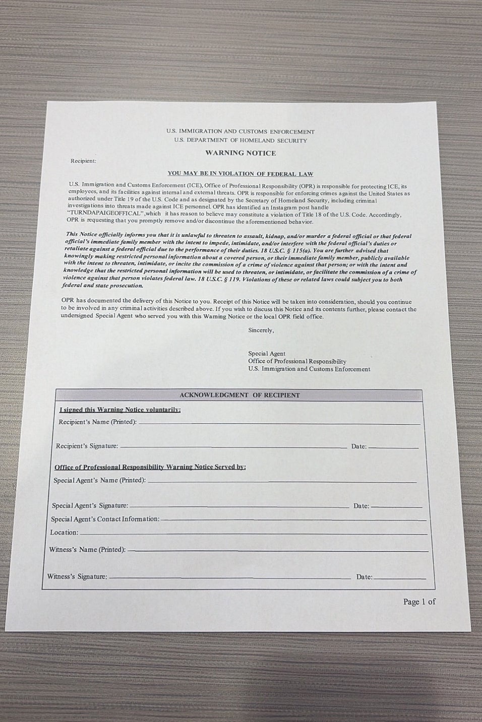 This photo provided by Paigelynne Gonyea shows a form she says she received from ICE officials