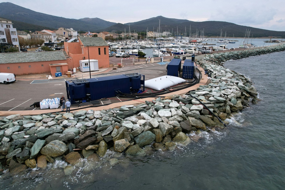 Aerial view shows a Nomado company desalination plant at Macinaggio Port in Rogliano on the French Mediterranean island of Corsica (AFP via Getty Images)