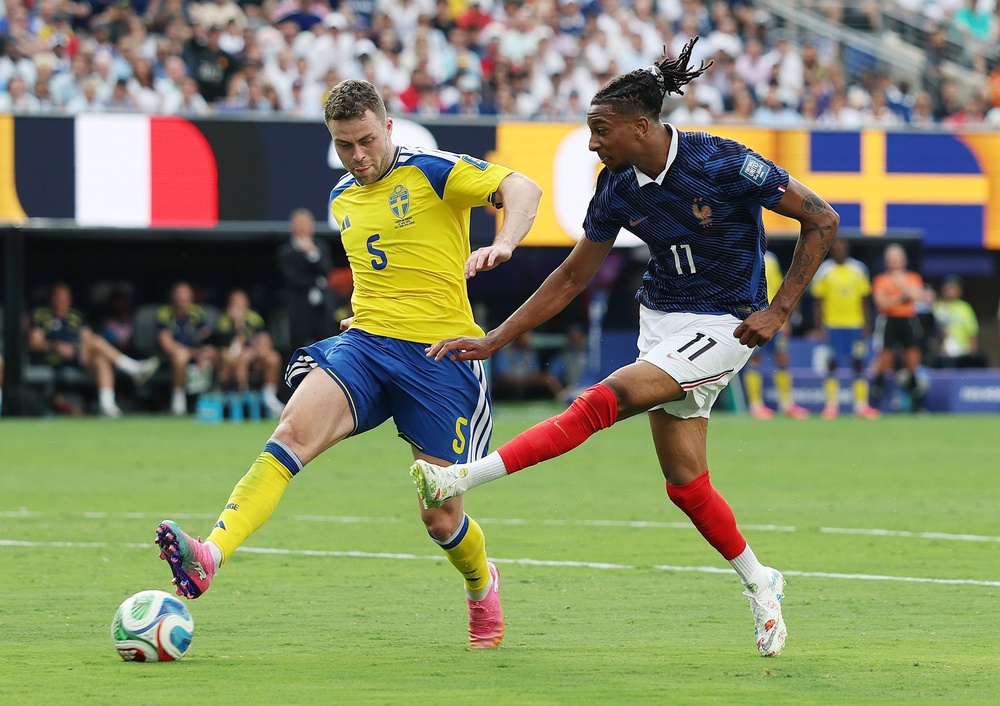 Olise set up two of the goals, making it five assists for the tournament, as France swept Sweden aside (Getty)