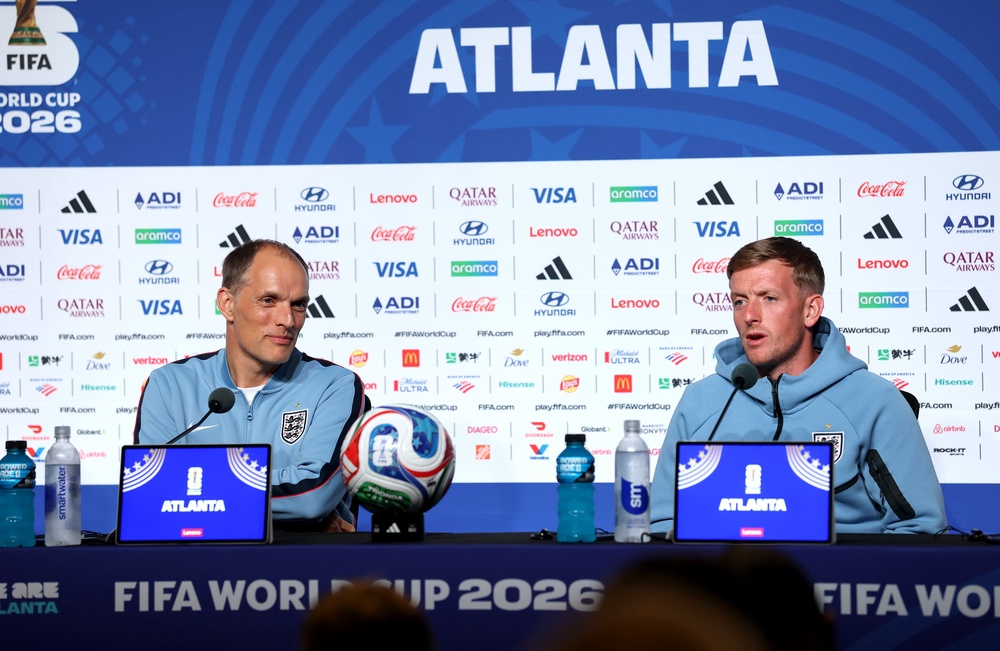 Thomas Tuchel and Jordan Pickford speak to the media in Atlanta (Getty)
