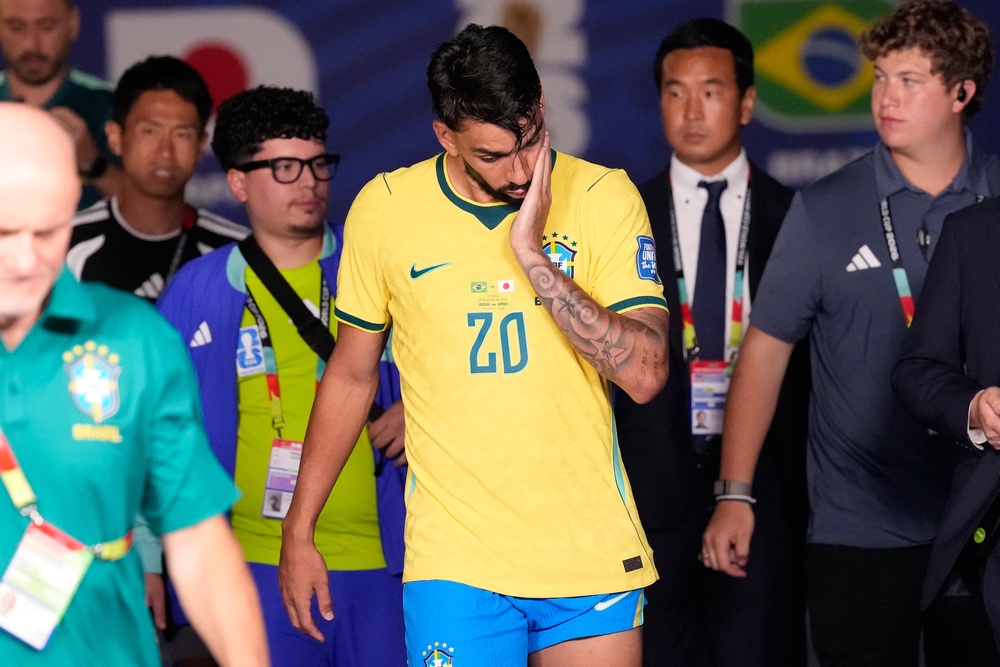 Lucas Paqueta was forced off for Brazil against Japan (AP)