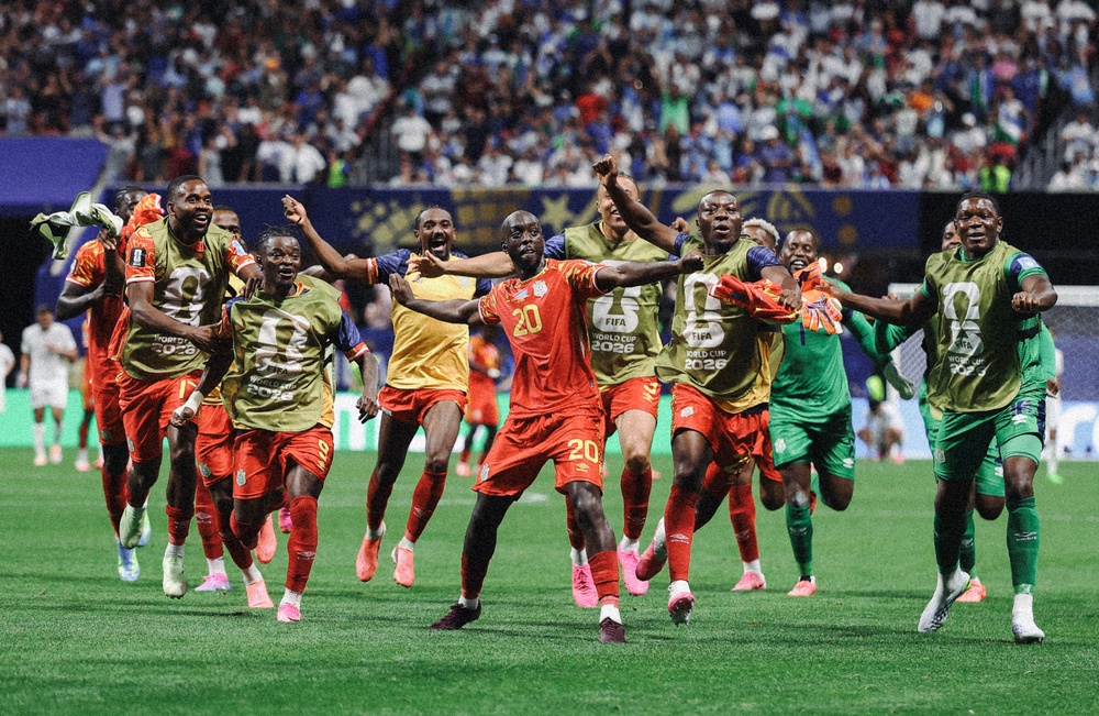 Yoane Wissa celebrates with teammates after scoring the team's third goal against Uzbekistan (Getty)