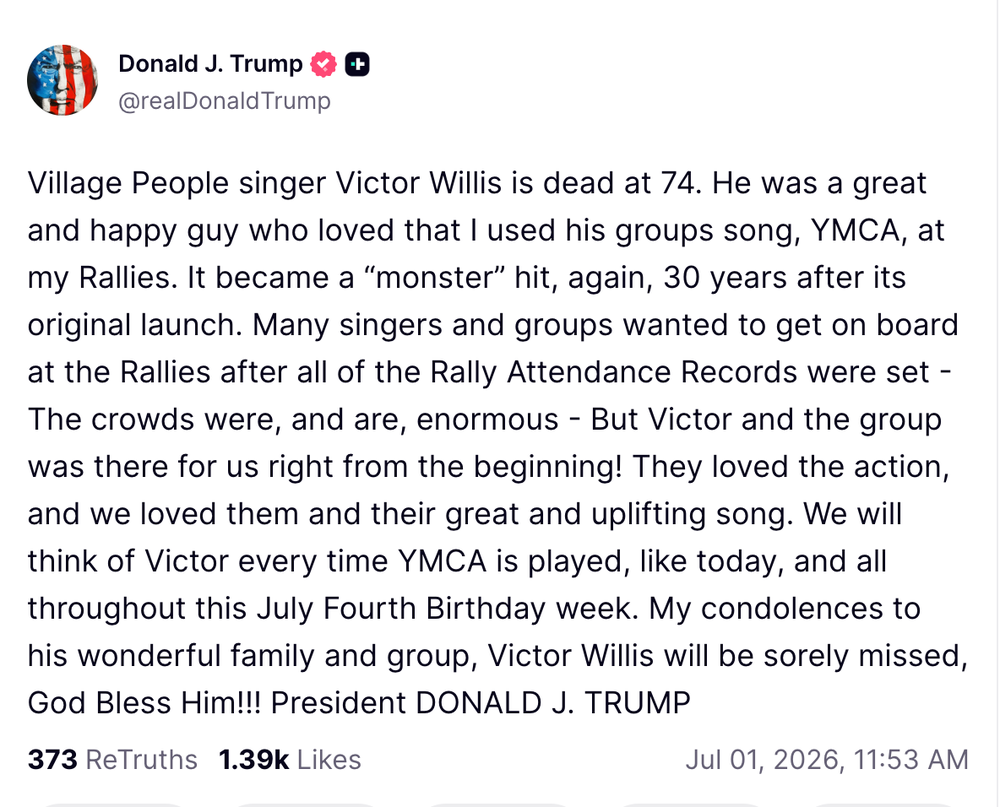 Trump pays tribute to Village People star Victor Willis (Truth Social)