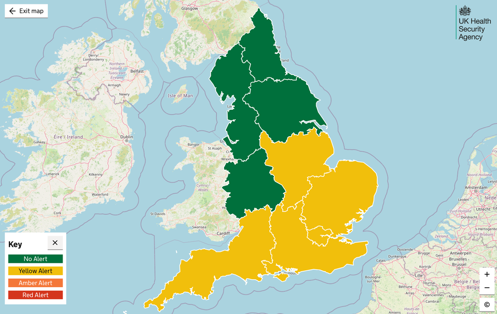 The UKHSA has issued new yellow heat health alerts  lasting from midday on Saturday 4 July until 5pm on Wednesday 8 July (UKHSA)