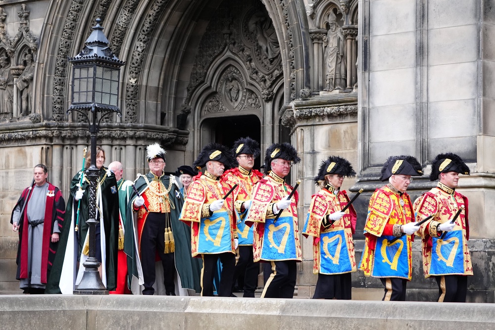 Heralds and Pursuivants followed by The Lord Lyon King of Arms Dr Joe Morrow, and Usher of the Green Rod Dame Katherine Grainger, were part of the spectacular service (Jane Barlow/PA) (PA Wire)