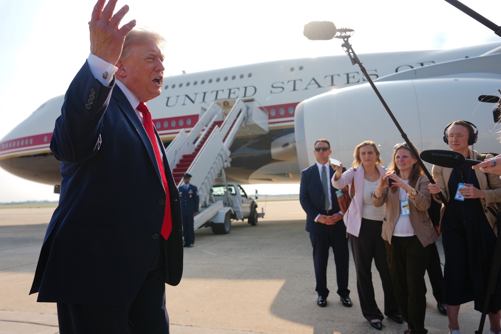 President Donald Trump speaks to reporters before boarding the new Air Force One aircraft gifted to the U.S. by Qatar's government on its first trip. (Copyright 2026 The Associated Press. All rights reserved.)