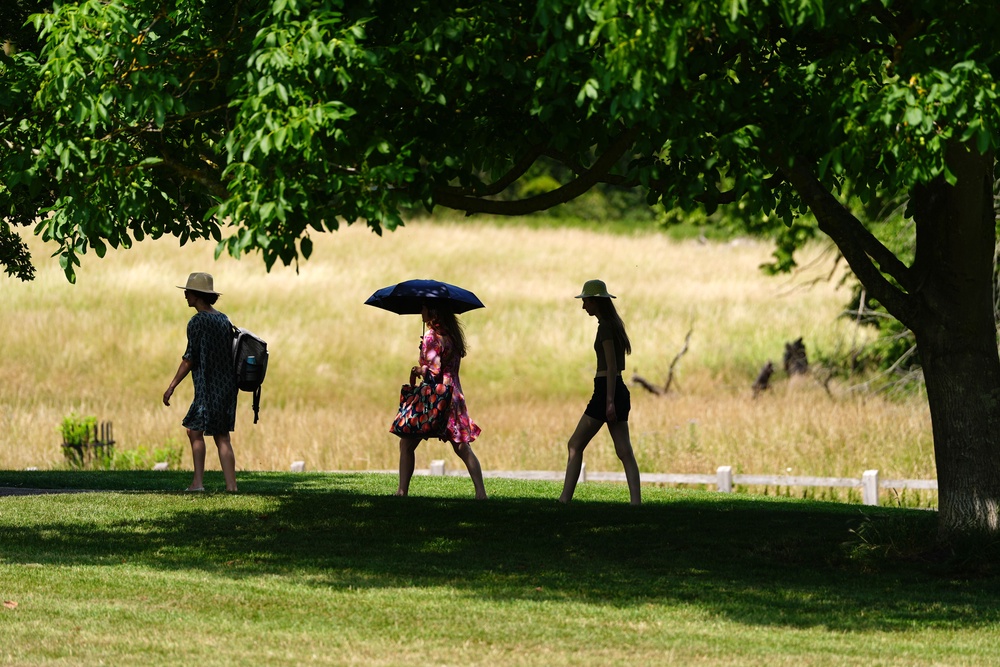 People shelter from the sun in Ely Park in Cambridgeshire on 26 June, during the intense heatwave that sent temperatures soaring in much of the UK (PA Wire)