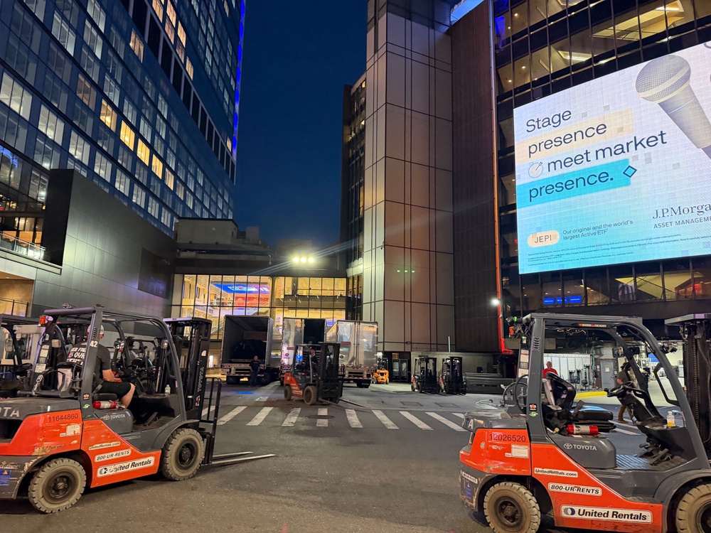 Moving trucks and forklifts have surrounded Madison Square Garden for days ahead of the wedding festivities (Ellie Muir/The Independent)