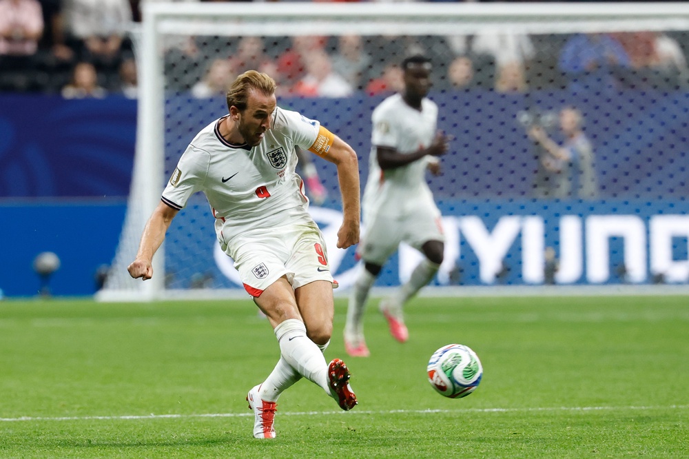 England's Harry Kane kicks the ball during the World Cup round of 32 (AP)