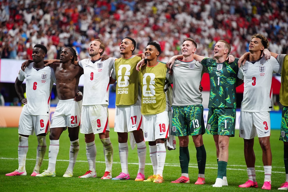England players celebrate following the FIFA World Cup Round of 32 match at Atlanta Stadium (PA)