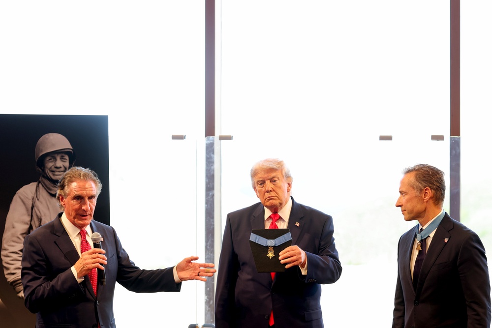 President Donald Trump presents President Teddy Roosevelt’s Medal of Honor to his presidential library in North Dakota. It had resided in the White House Roosevelt Room. (Getty)