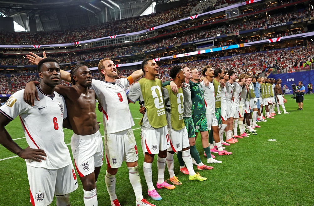 England’s players celebrate after the victory over DRC... next up is Sunday’s Round of 16 meeting with Mexico (Getty)
