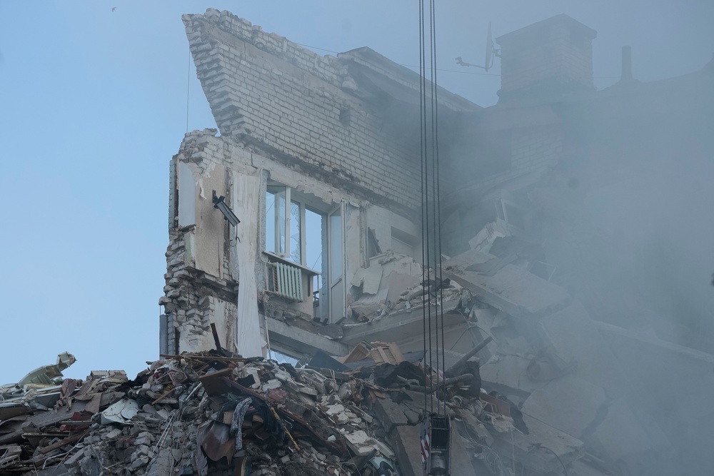 An apartment building damaged in a Russian strike on Kyiv, Ukraine, on 2 July 2026 (AP)
