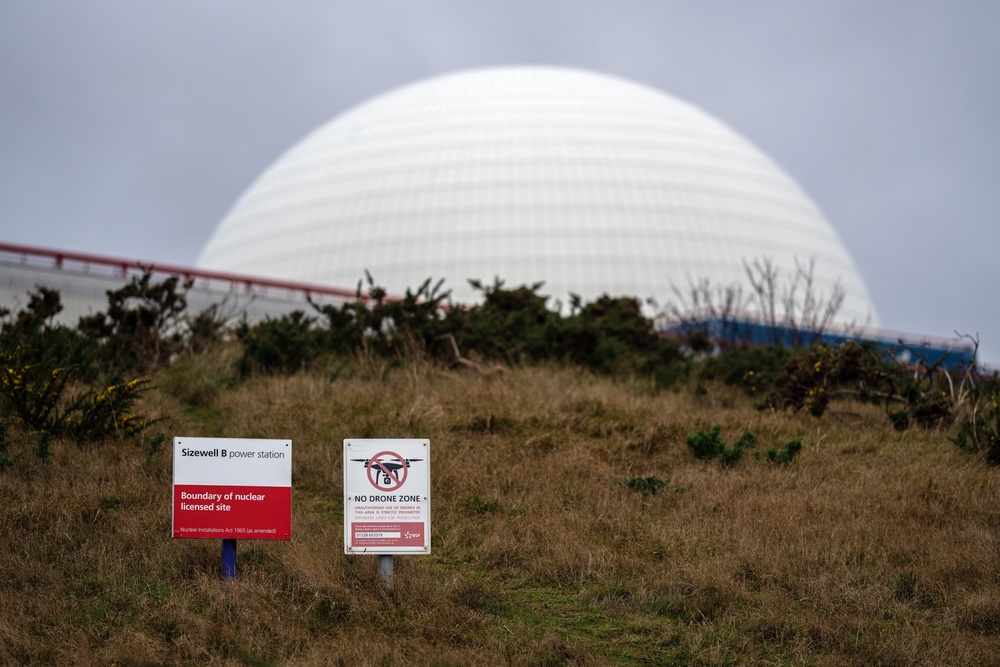 Signs warning against flying drones are displayed next to Sizewell B nuclear power station (Getty)
