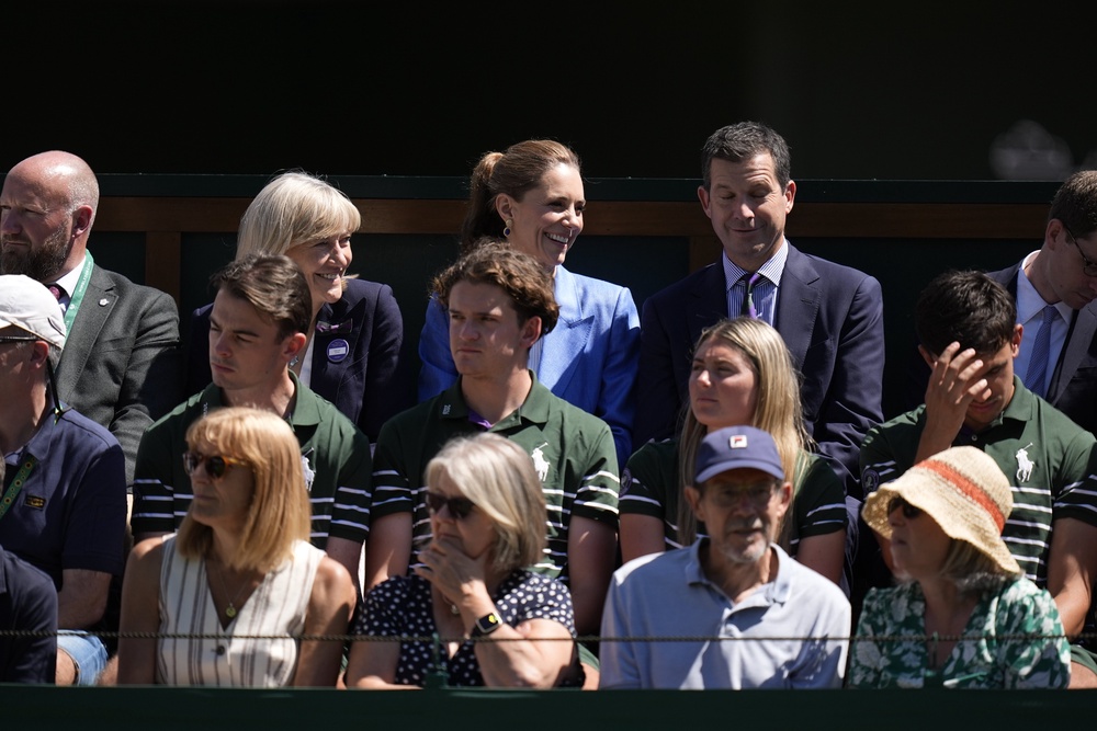 The princess watched British wildcard Arthur Fery on Court 18, sat alongside Tim Henman and AELTC chair Debbie Jevans (Getty)