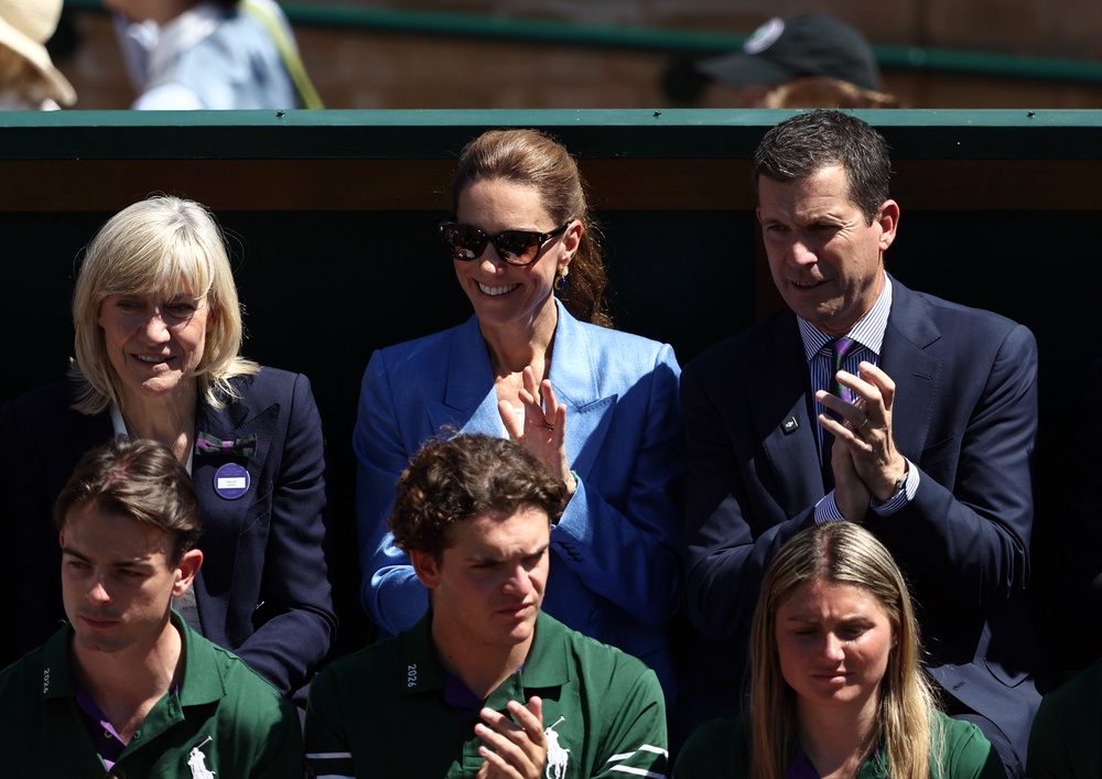Kate wore a blue linen suit as she attended day four of Wimbledon (Getty)