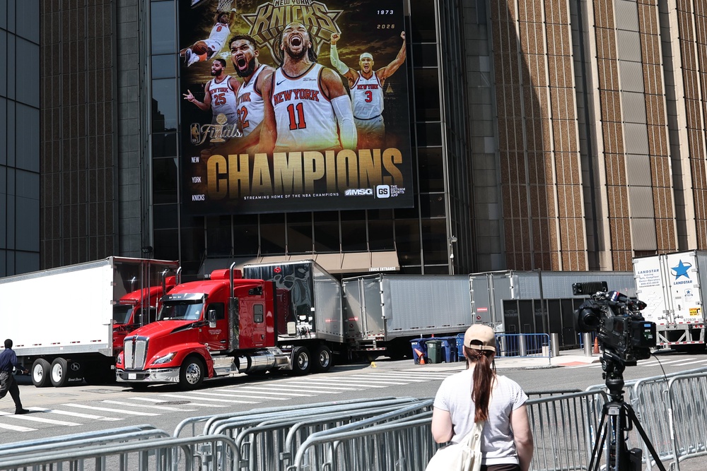 Trucks seen loading supplies for the massive 1,000-guest wedding at Madison Square Garden for Taylor Swift and Travis Kelce this weekend as Manhattan preps to descend into wedding mania (Getty)