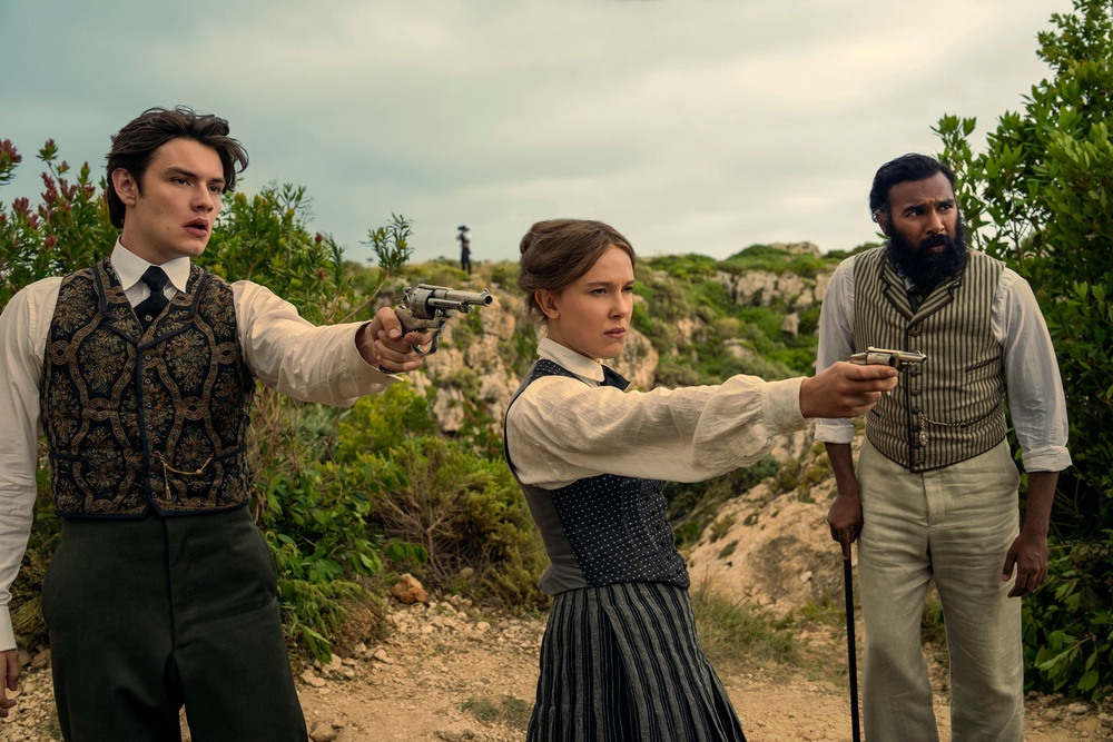 Louis Partridge, Millie Bobby Brown and Himesh Patel in ‘Enola Holmes 3’ (Netflix)